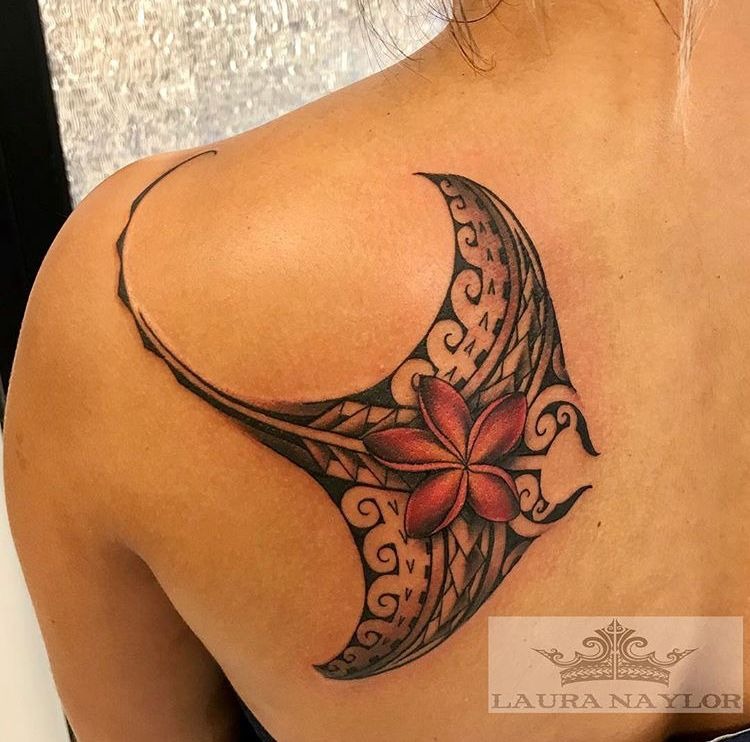 Traditional Manta Ray Back Tattoo with Flower Accent Tattoo Design