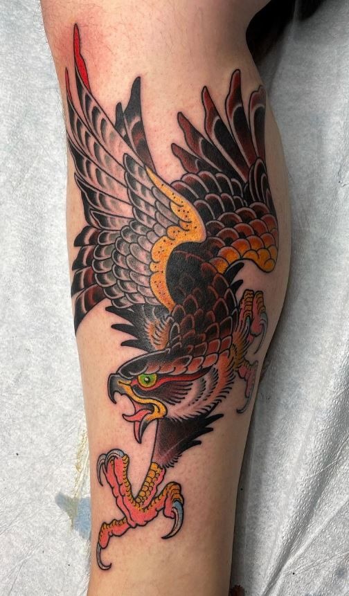 Bold American Traditional Hawk With Claws Tattoo Design