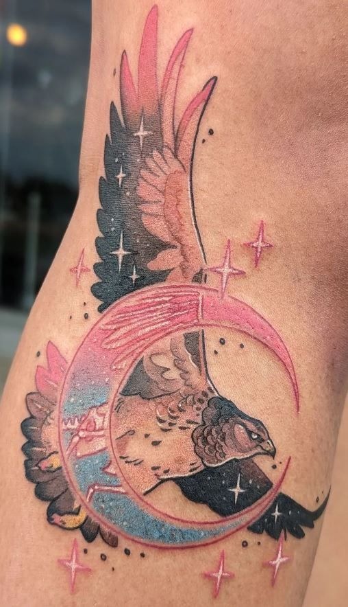 Celestial Pink Crescent Hawk Tattoo Tattoo Design