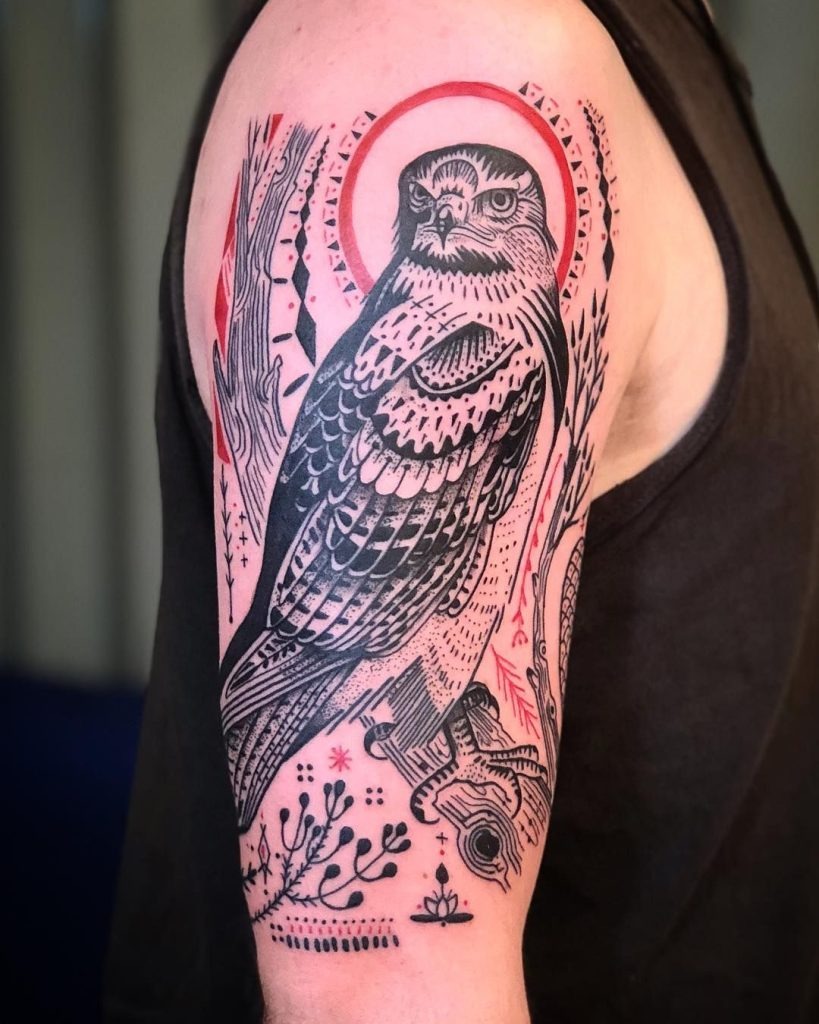 Floral Winged Hawk Shoulder Blade Piece Tattoo Design