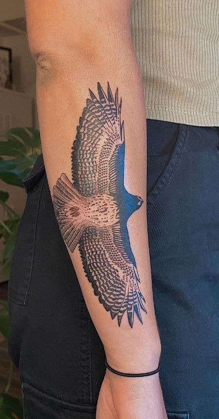 Fragmented Nature Scene Hawk Leg Tattoo Tattoo Design