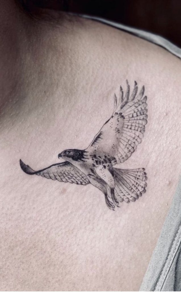 Graphic Red-Accented Hawk Half Sleeve Tattoo Design
