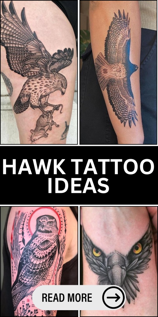 Red Accented Neo-Traditional Hawk and Roses Tattoo Design