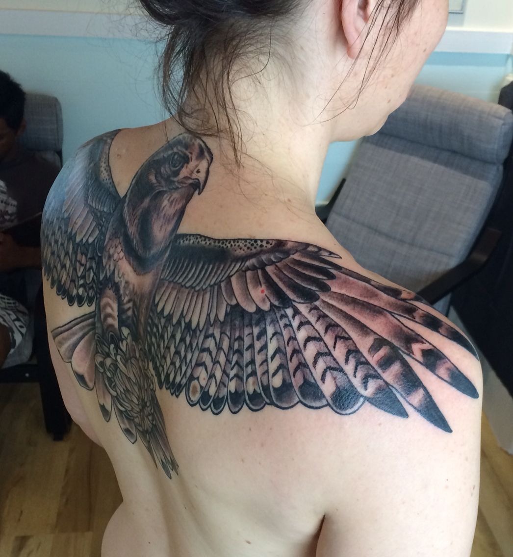 Spreading Hawk Back and Shoulder Piece Tattoo Design