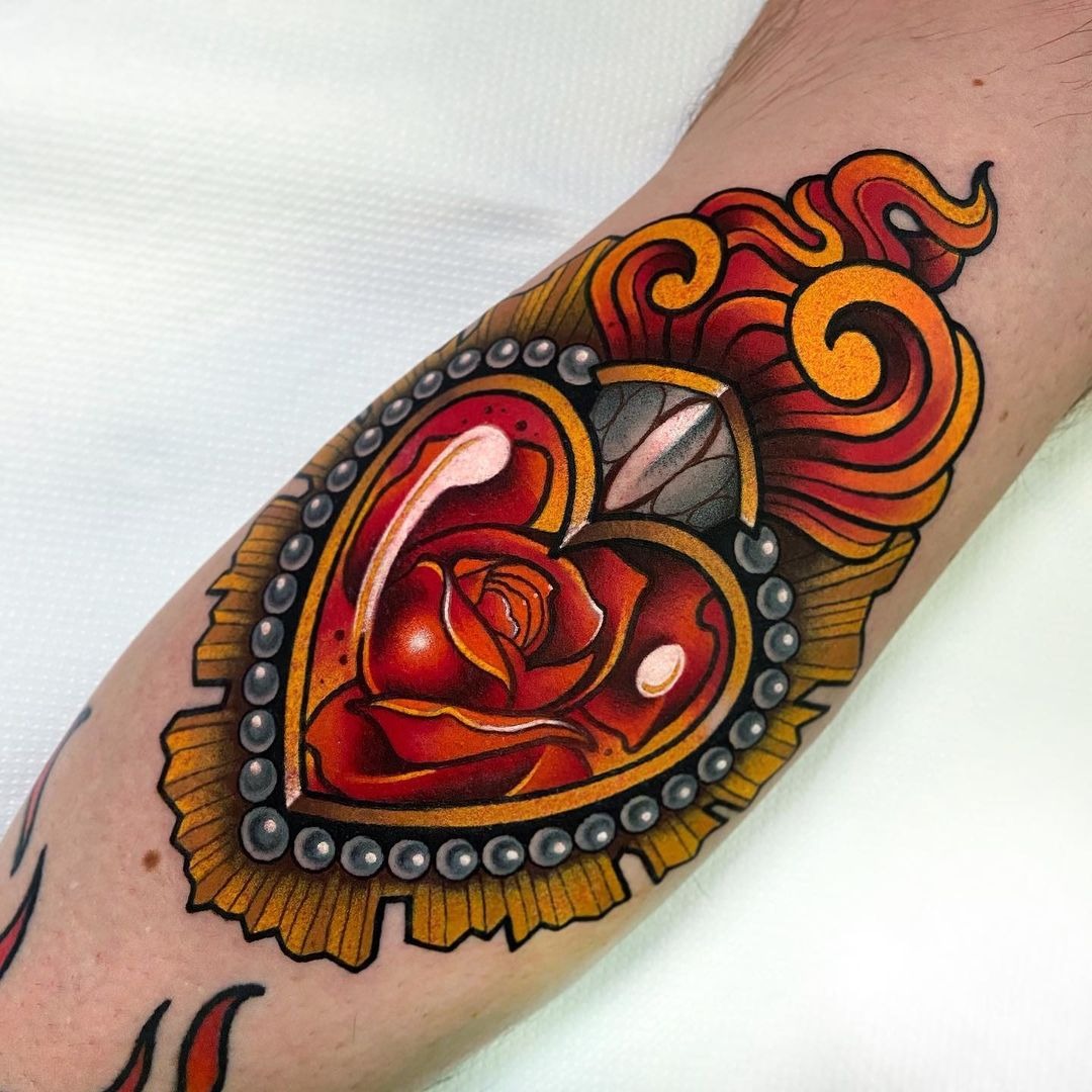 Colorful Heart Tattoo with Assortment of Rose Petals for Regal Ink Lovers Tattoo Design