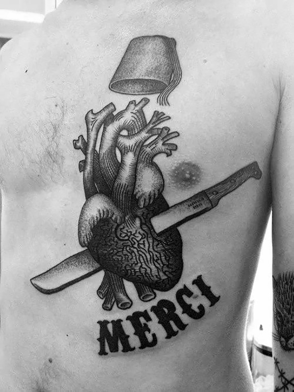 Cutting the Heart with a Thank You Tattoo Design