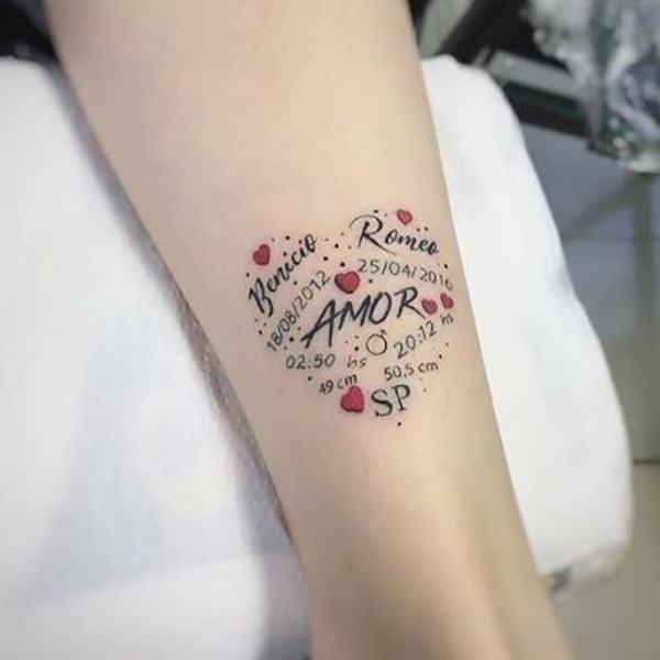 Names and Numbers Heart Tattoo for Your Loved Ones Tattoo Design