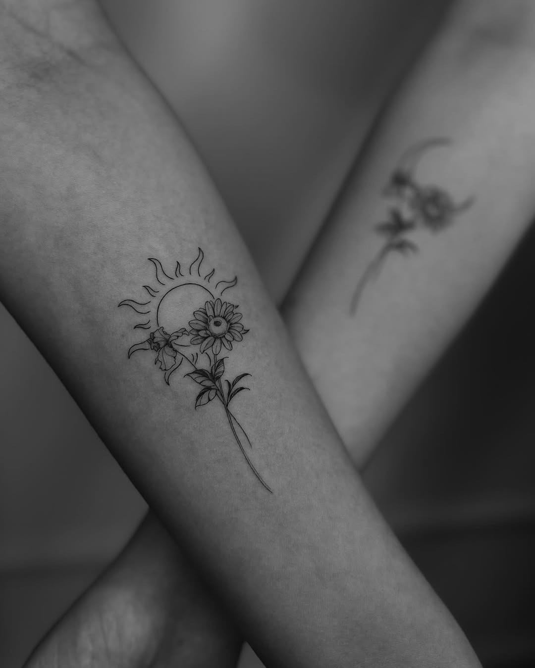 Beautiful sister tattoos with sun and flowers Tattoo Design