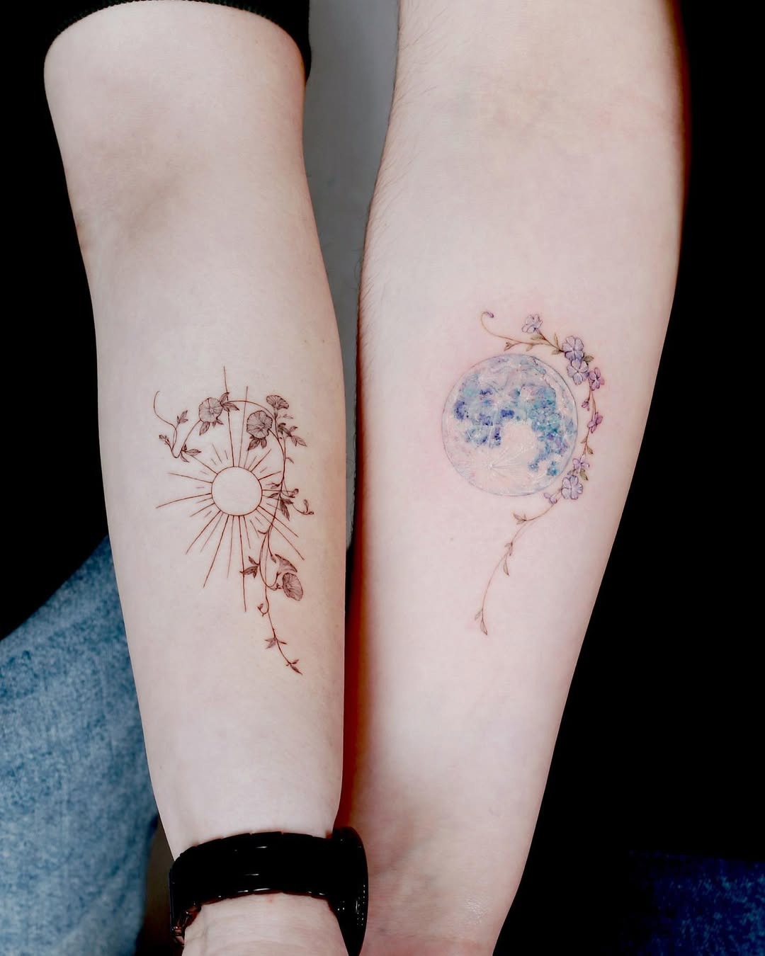 Delicate hearts with floral accents for sisters Tattoo Design