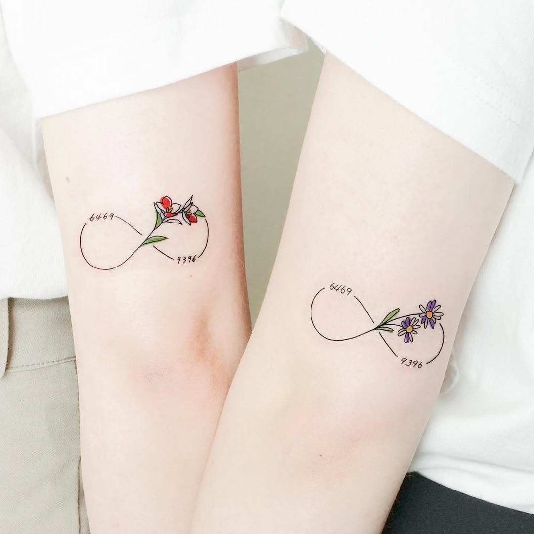 Sister Infinity Tattoos with Floral Accents Tattoo Design
