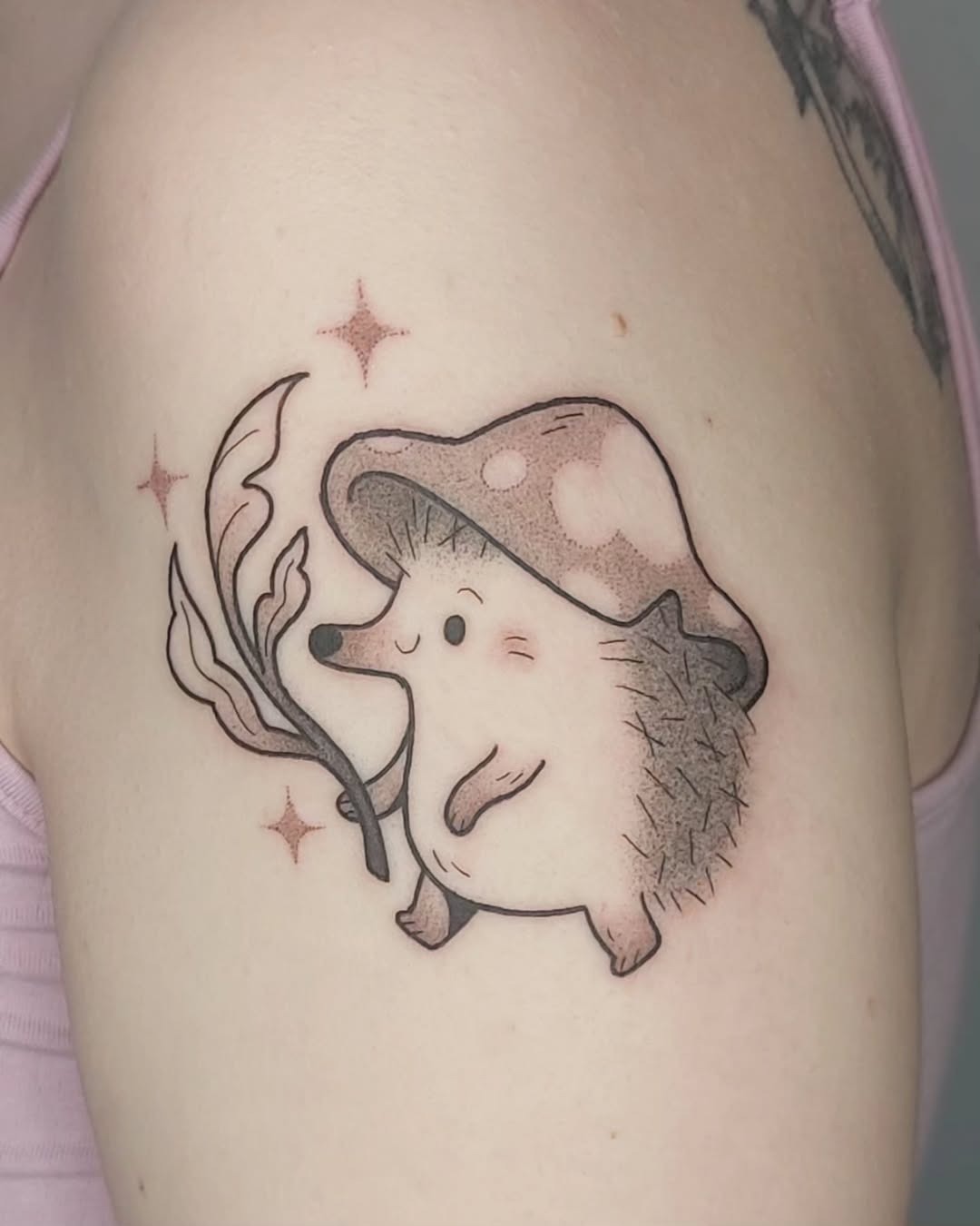Adorable hedgehog tattoo with mushroom charm Tattoo Design