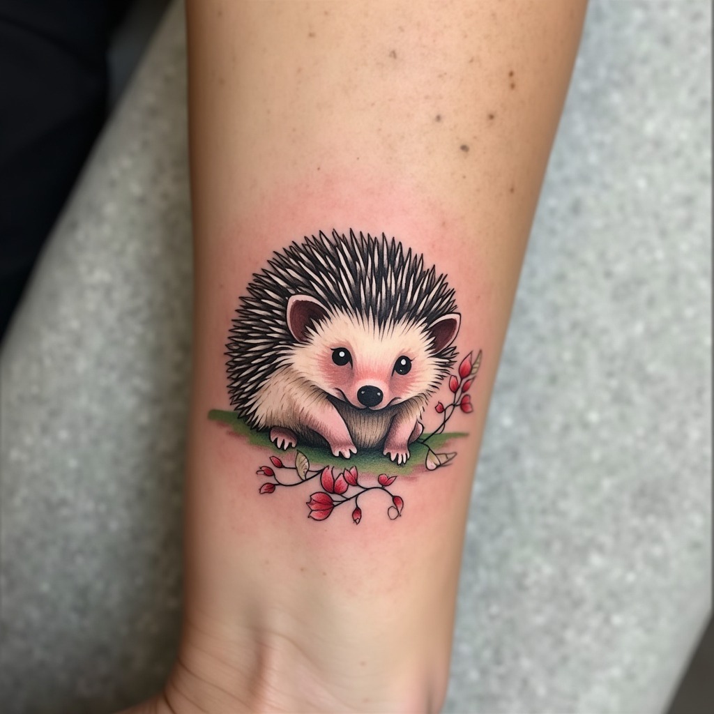Charming hedgehog tattoo surrounded by flowers Tattoo Design
