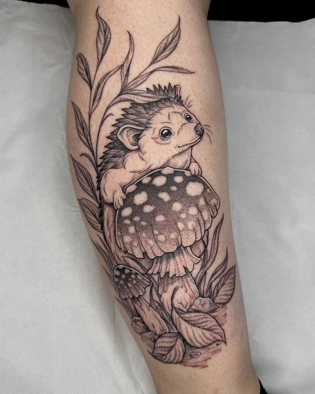 Charming hedgehog tattoo with a mushroom theme Tattoo Design