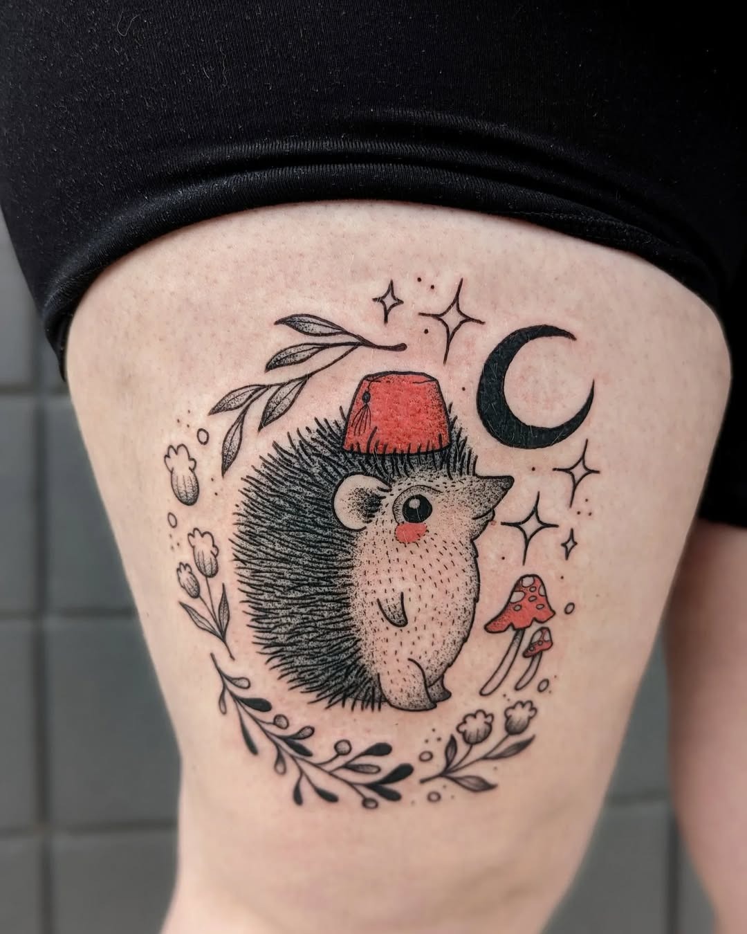Charming hedgehog tattoo with whimsical elements Tattoo Design