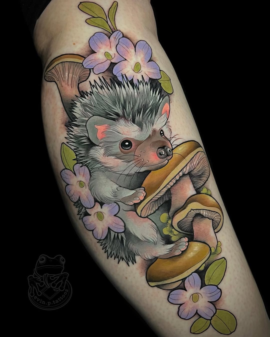 Whimsical hedgehog tattoo with flowers and mushrooms Tattoo Design