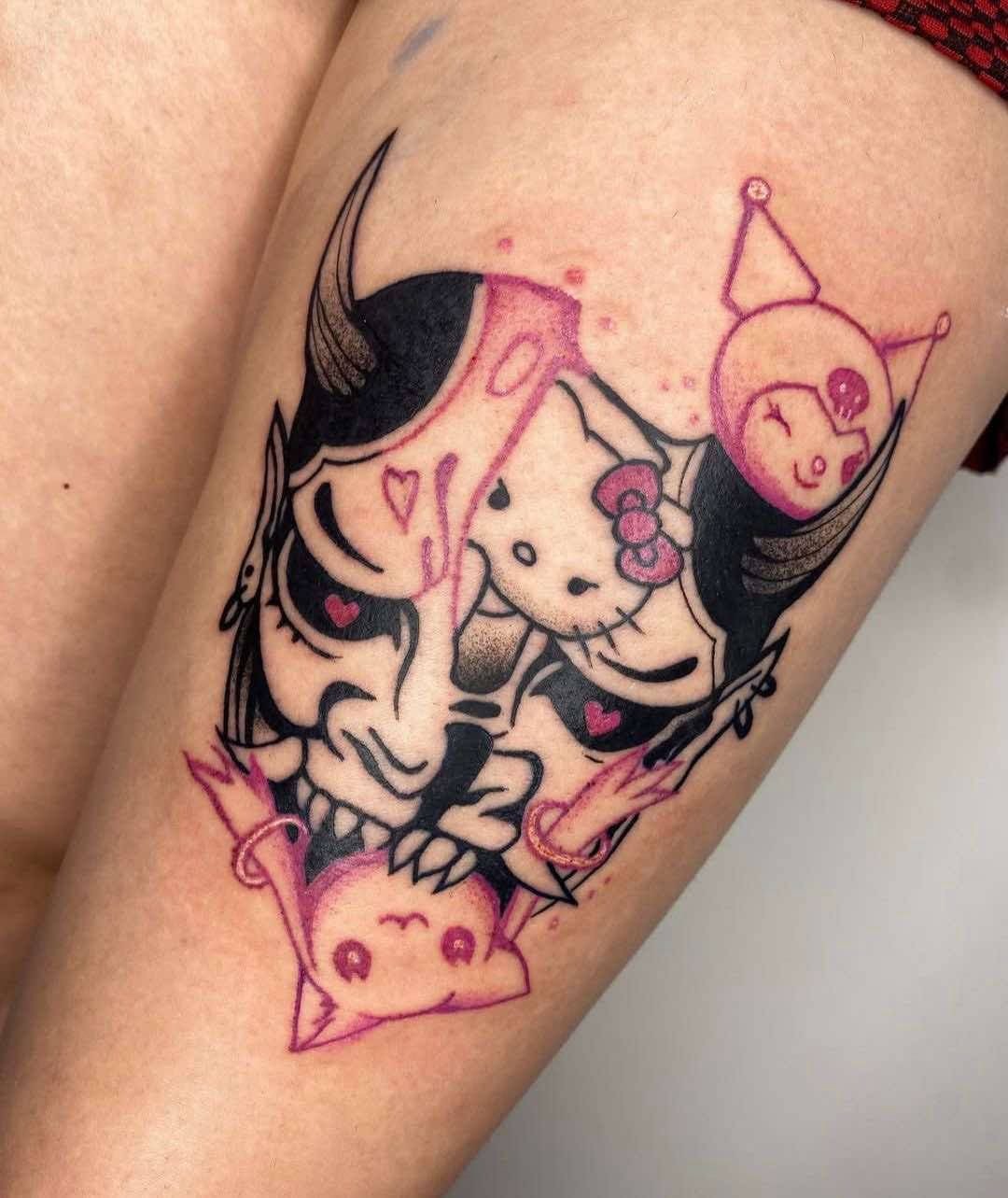 Hello Kitty and Kuromi Oni Mask Tattoo Tattoo Design