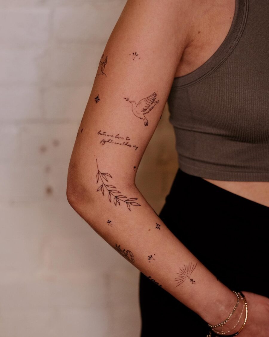 Delicate hidden tattoos with nature and script. Tattoo Design