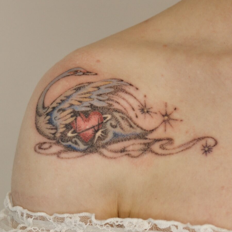 Elegant swan tattoo with heart and stars Tattoo Design