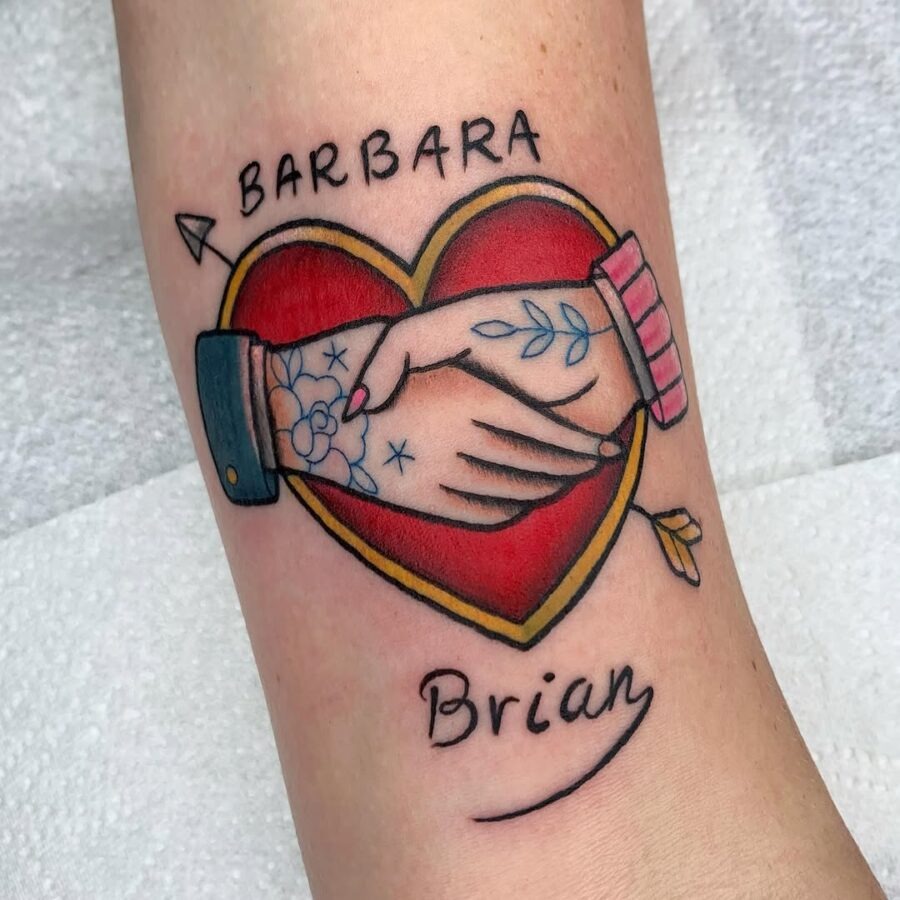 Colorful heart tattoo with joined hands Tattoo Design