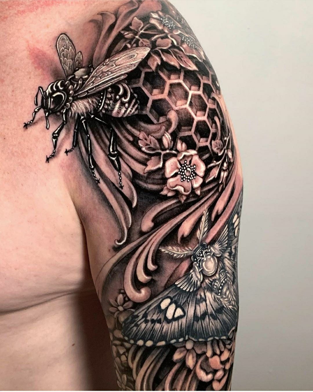 Bee and Blossom Vine Honeycomb Tattoo Design