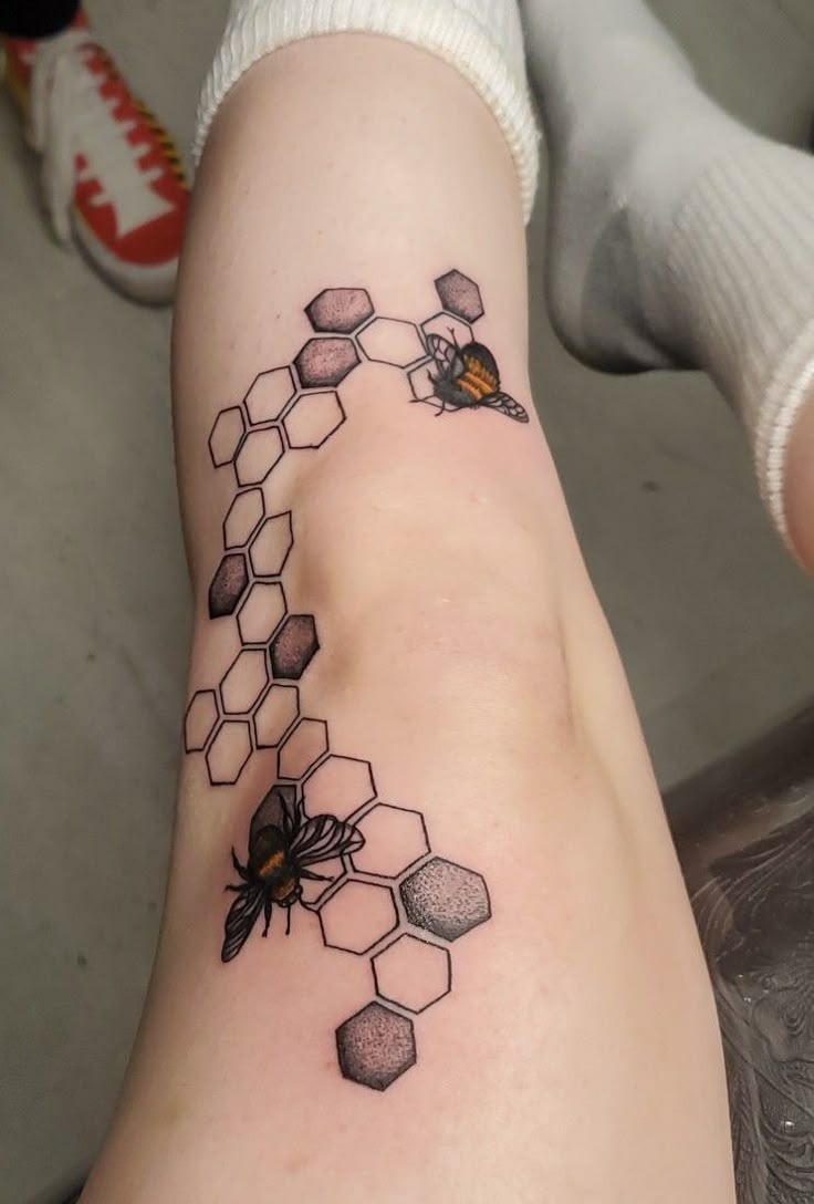 Bee and Hex Elbow Tattoo with Floral Tattoo Design