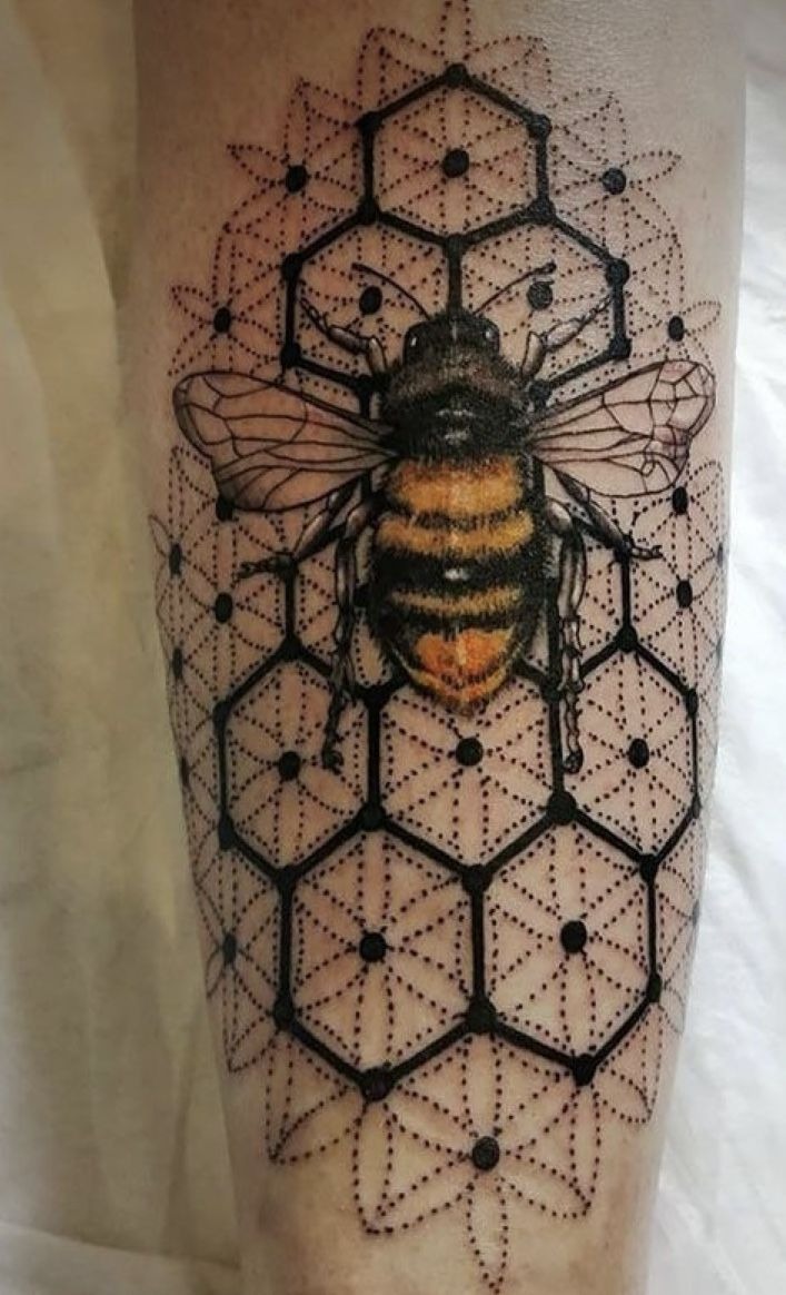 Geometric Bee with Honeycomb Mandala Tattoo Design