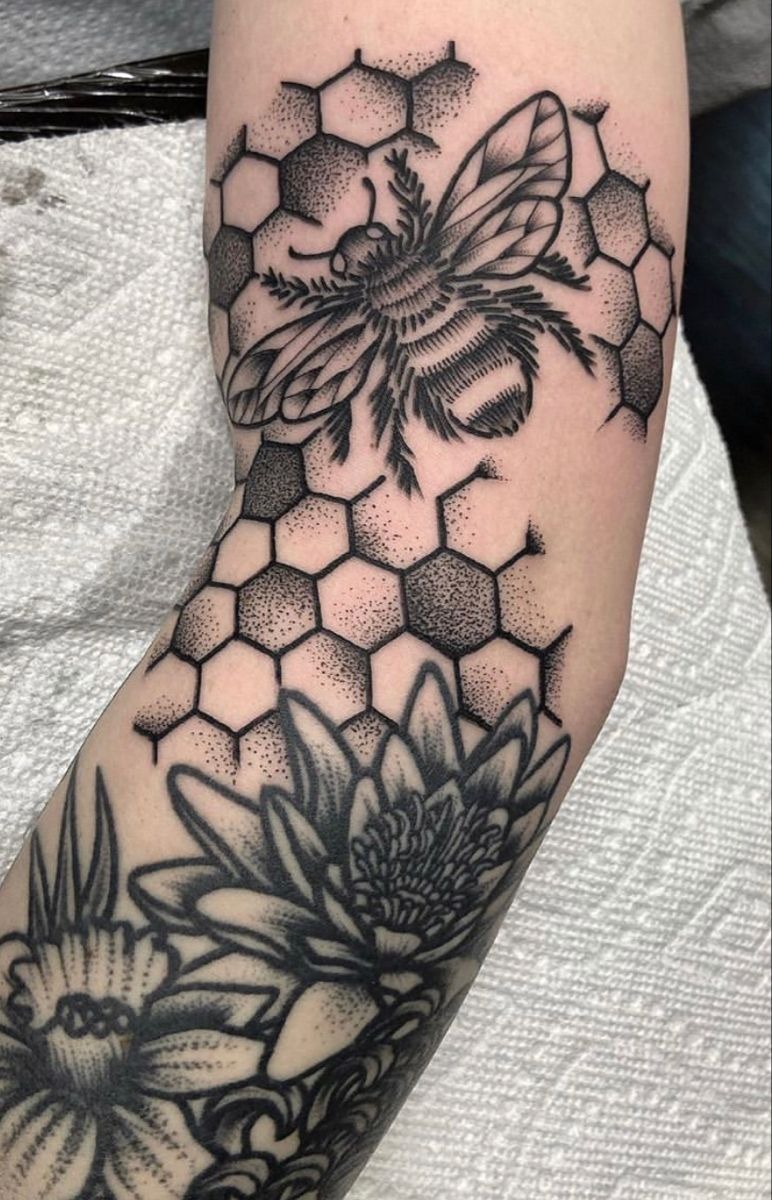 Geometric Hex and Triangle Blackout Leg Tattoo Design