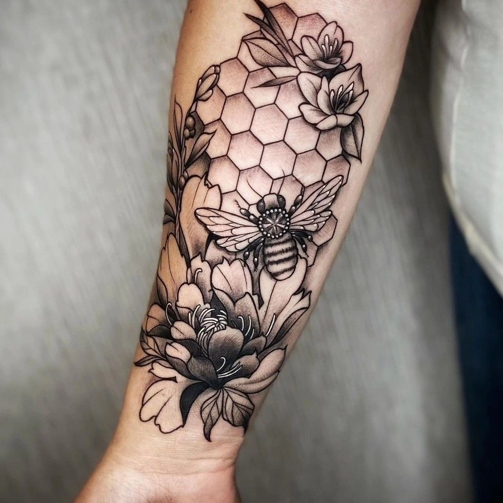 Honeycomb Forearm Sleeve with Bees and Florals Tattoo Design