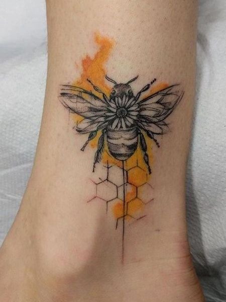 Neck-Centered Minimalist Bee and Hexagons Tattoo Design