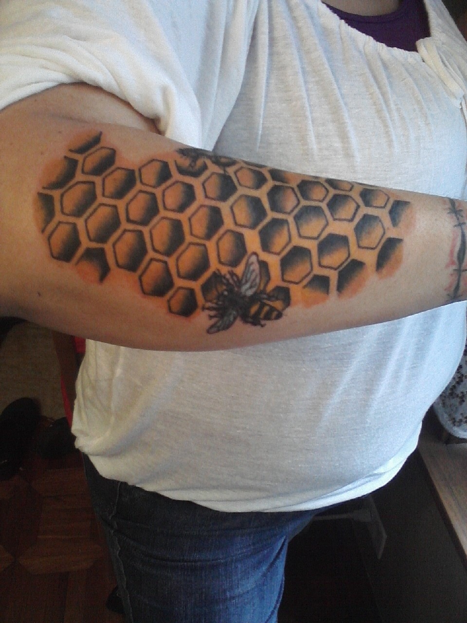 Ornate Shoulder Bee and Honeycomb Sleeve Tattoo Design