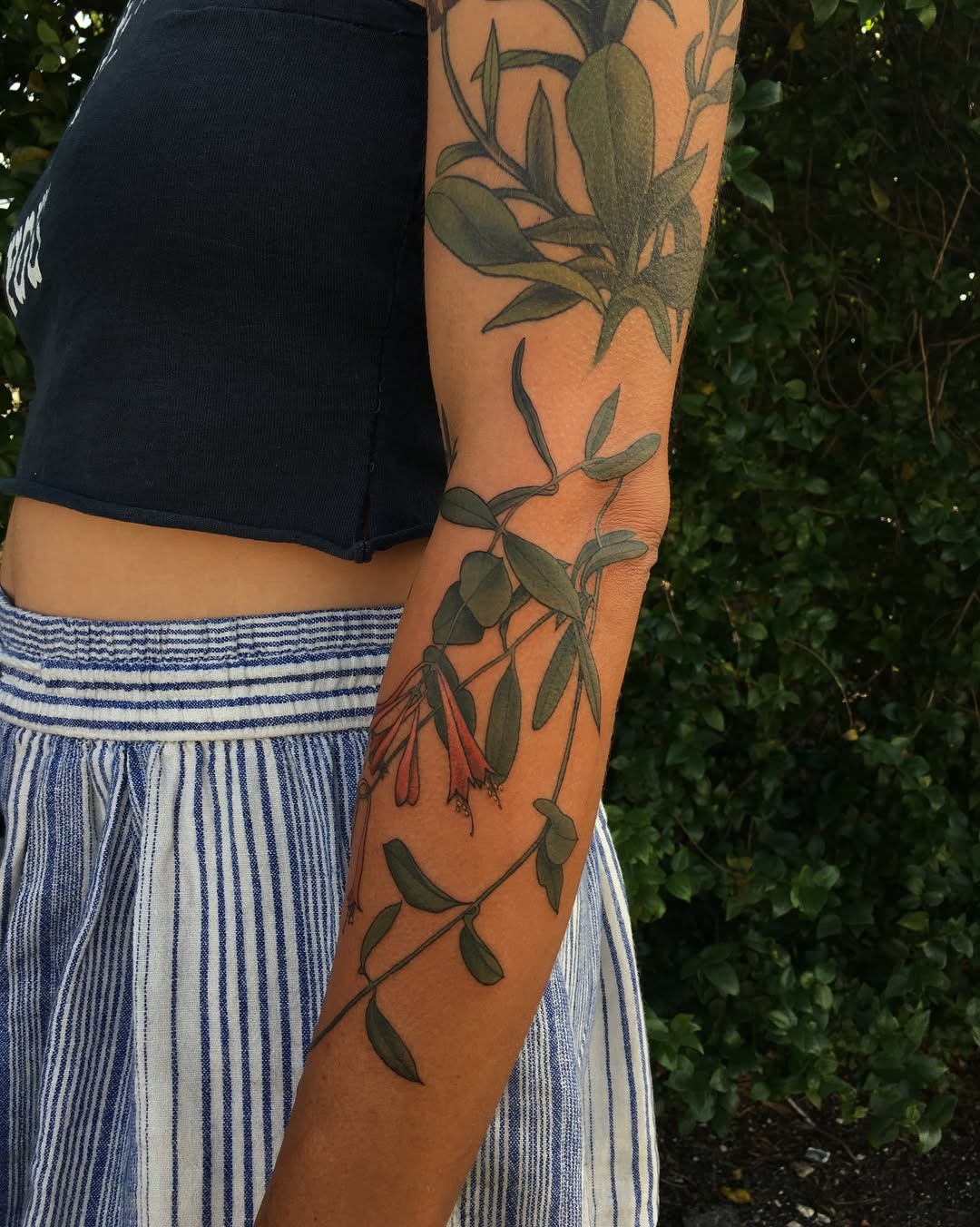 This arm tattoo features a lovely honeysuckle design intertwined with delicate leaves.