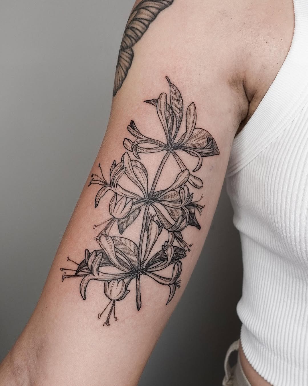 This honeysuckle tattoo features delicate linework and beautifully detailed blooms, showing the artistry of floral tattoos.