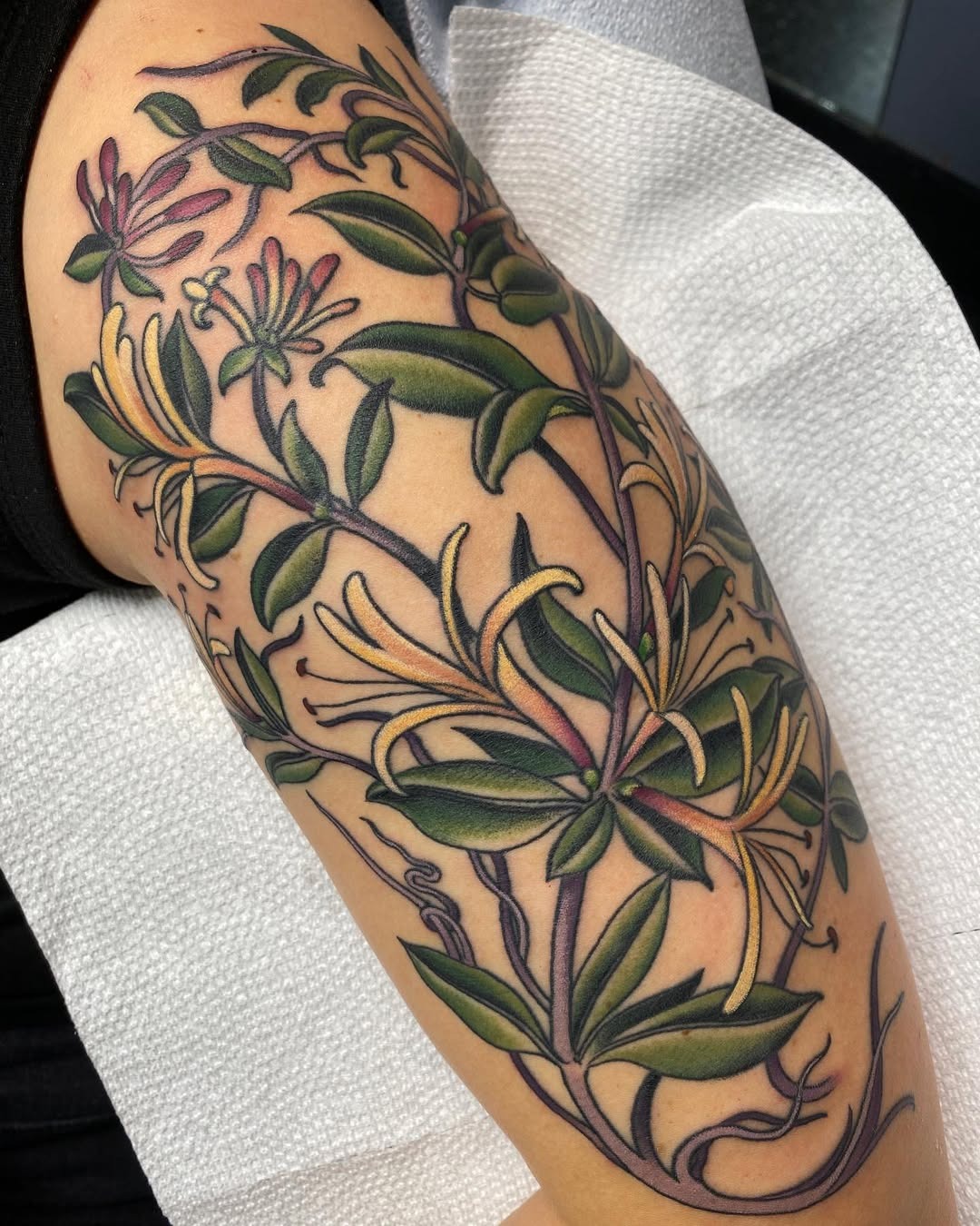 This striking honeysuckle tattoo showcases colors and intricate details on the forearm.