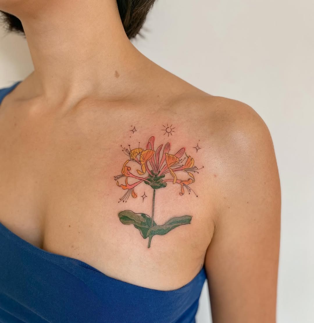This honeysuckle tattoo captures the flower's essence.