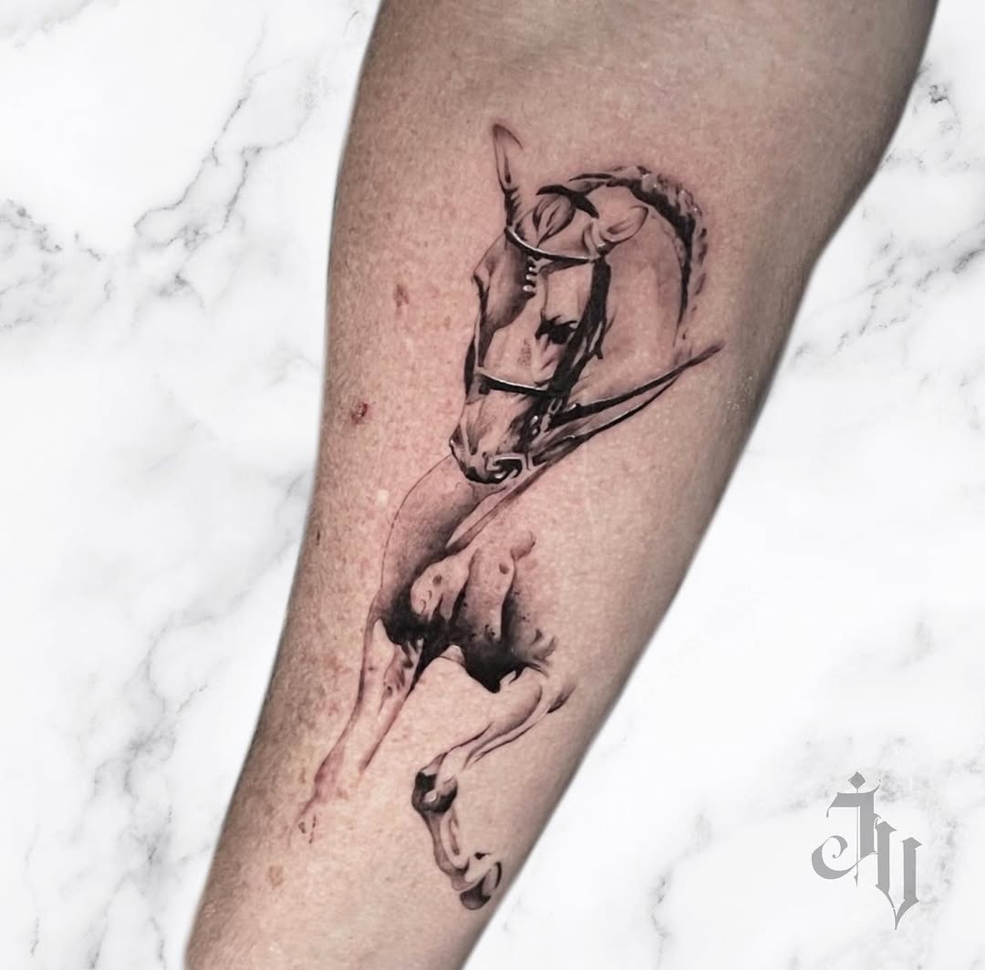 Stunning detailed horse tattoo in motion Tattoo Design