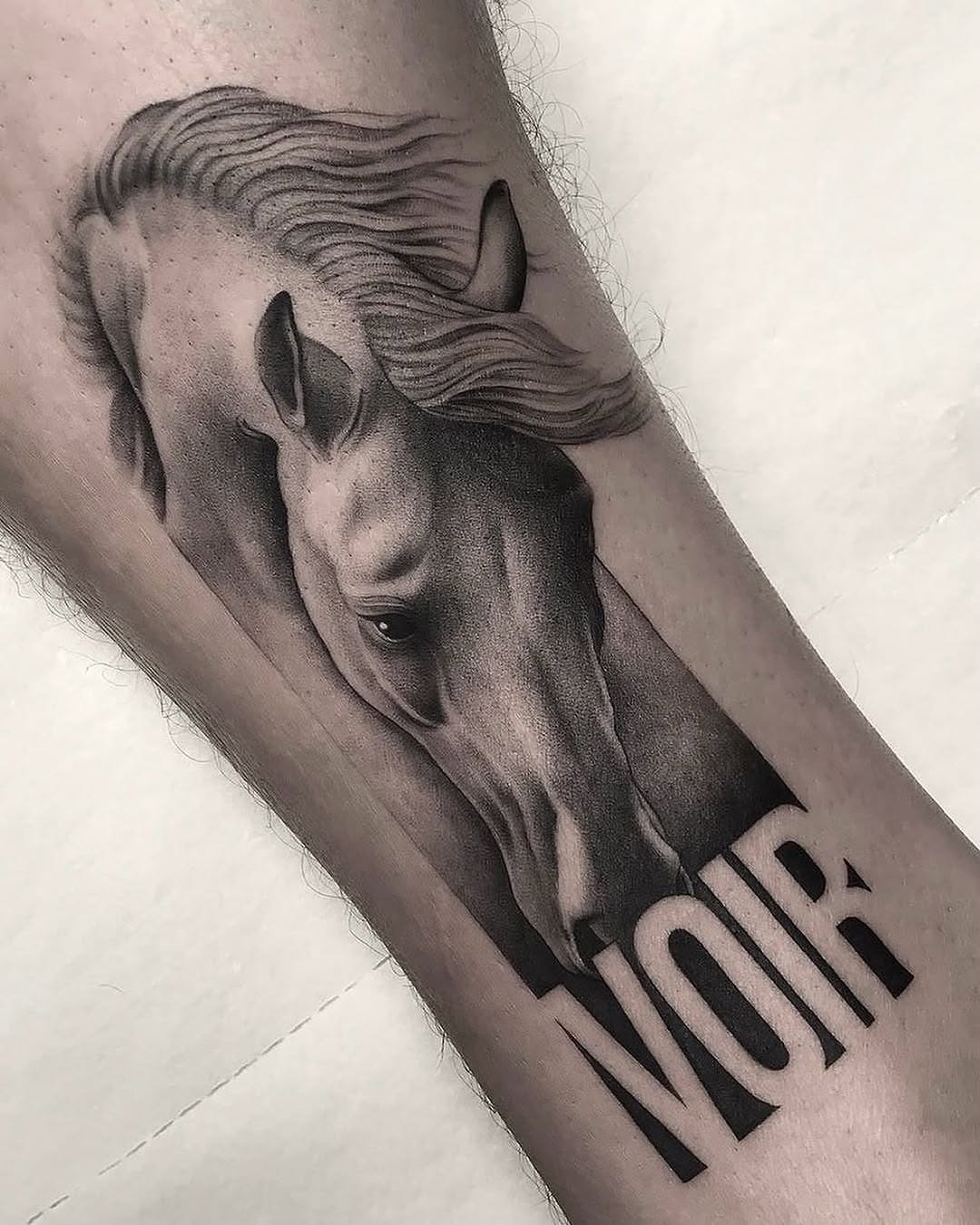 Stunning realistic horse tattoo in black and gray Tattoo Design