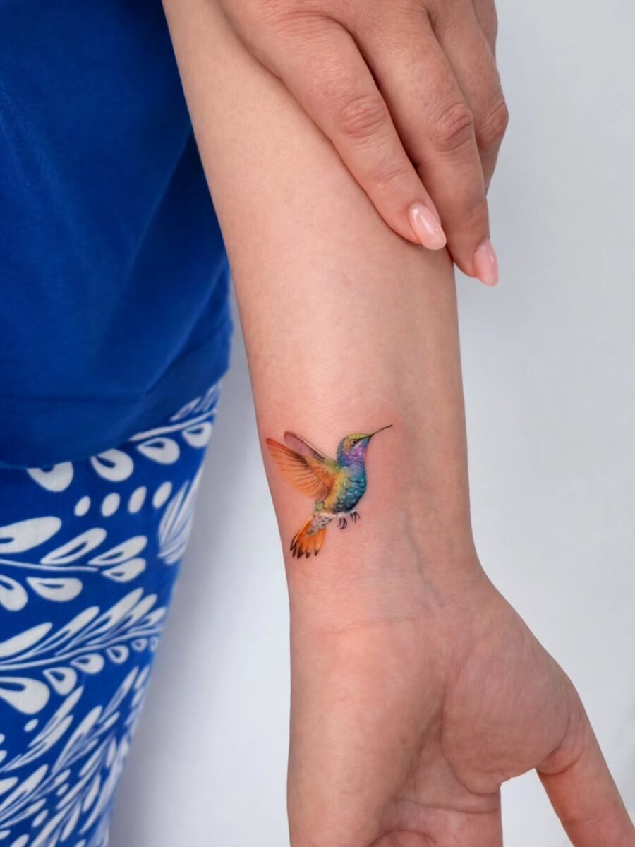 Colorful hummingbird tattoo on the wrist Tattoo Design