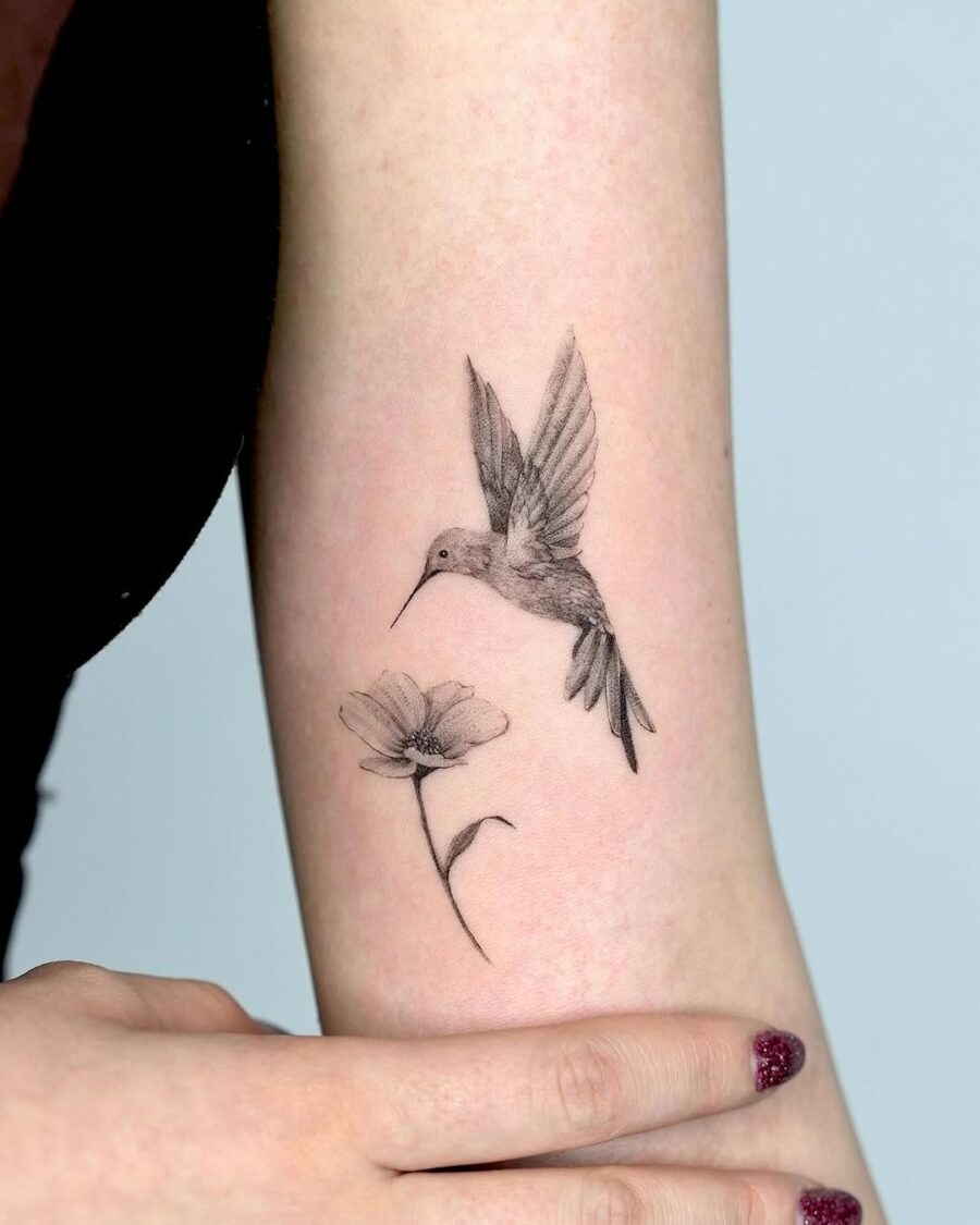 Delicate hummingbird tattoo in black and gray Tattoo Design