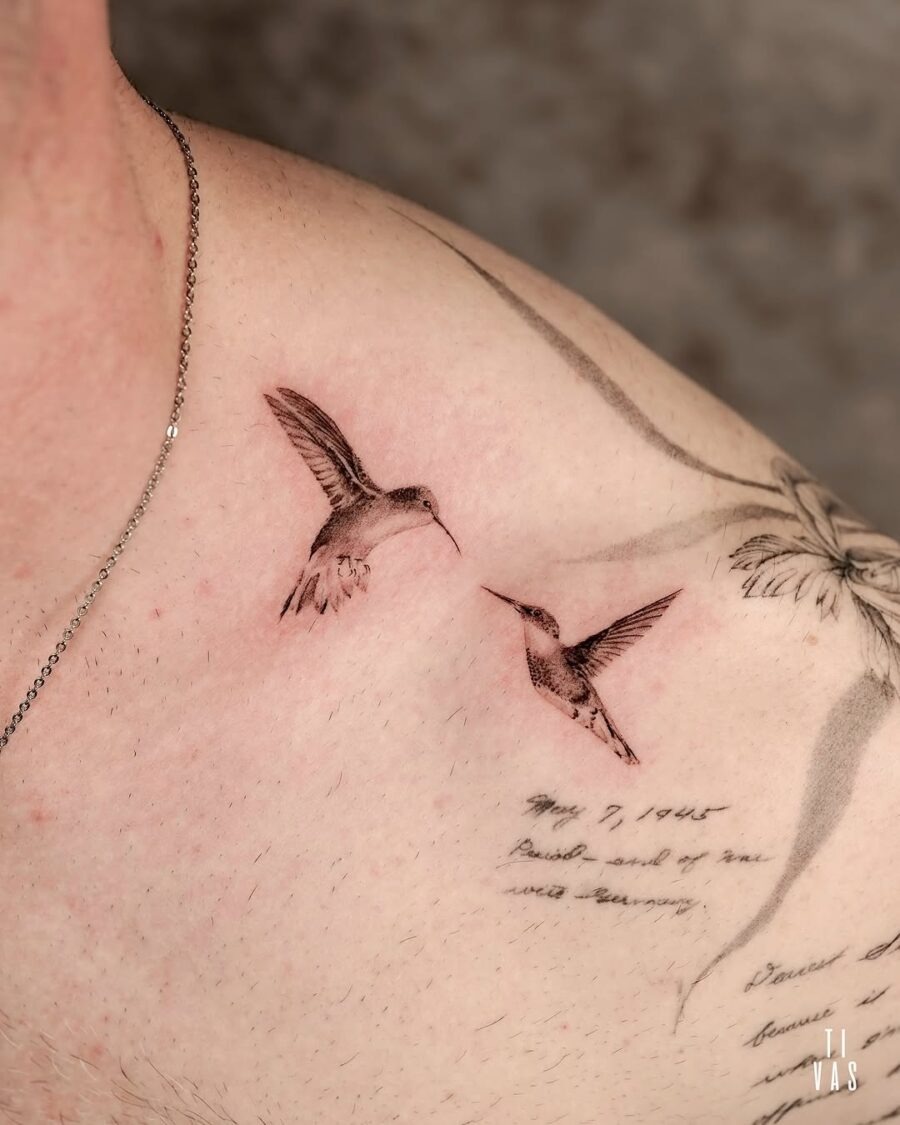 Elegant hummingbirds in graceful flight Tattoo Design