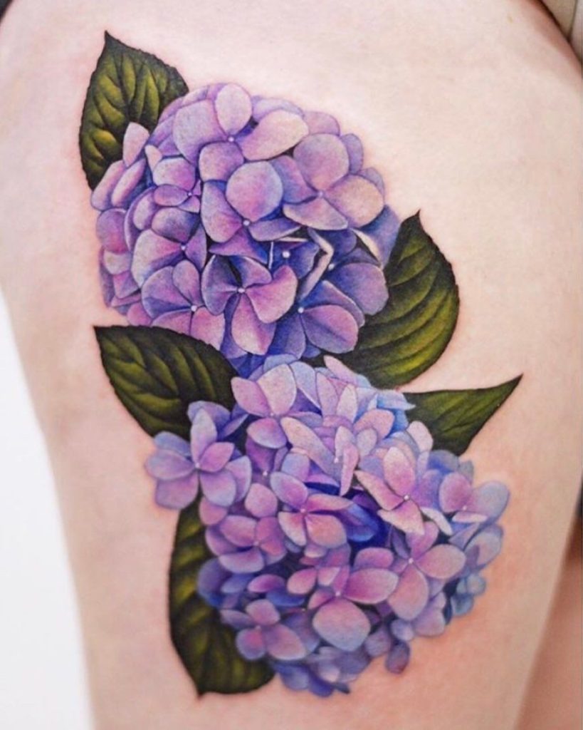 Black Hydrangea Sleeve With Botanical Details Tattoo Design