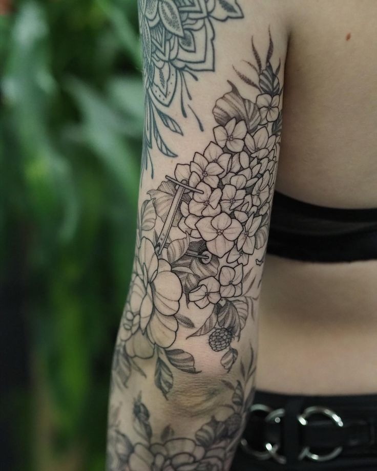 Fine Line Hydrangea and Lavender Bouquet Tattoo Design