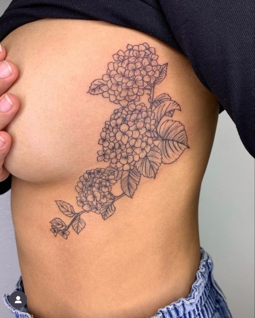 Fine Line Hydrangea Ribcage Vine Tattoo Design