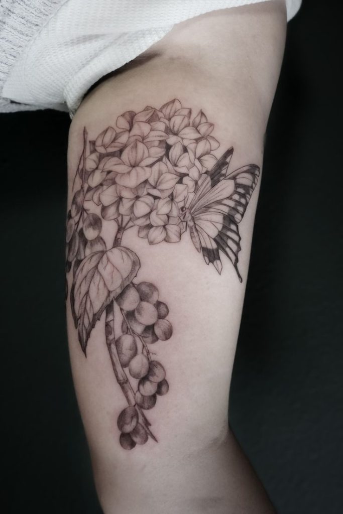 Flowing Forearm Hydrangea Linework Tattoo Design
