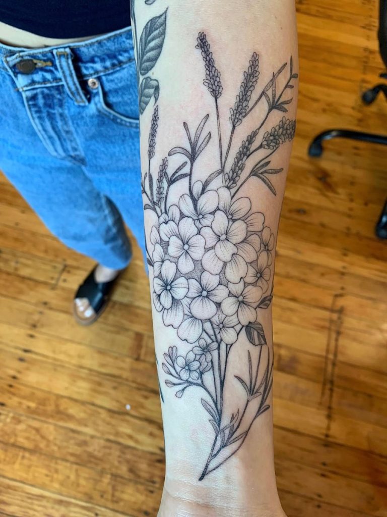 Hydrangea and Peony Shoulder Cap Tattoo Design
