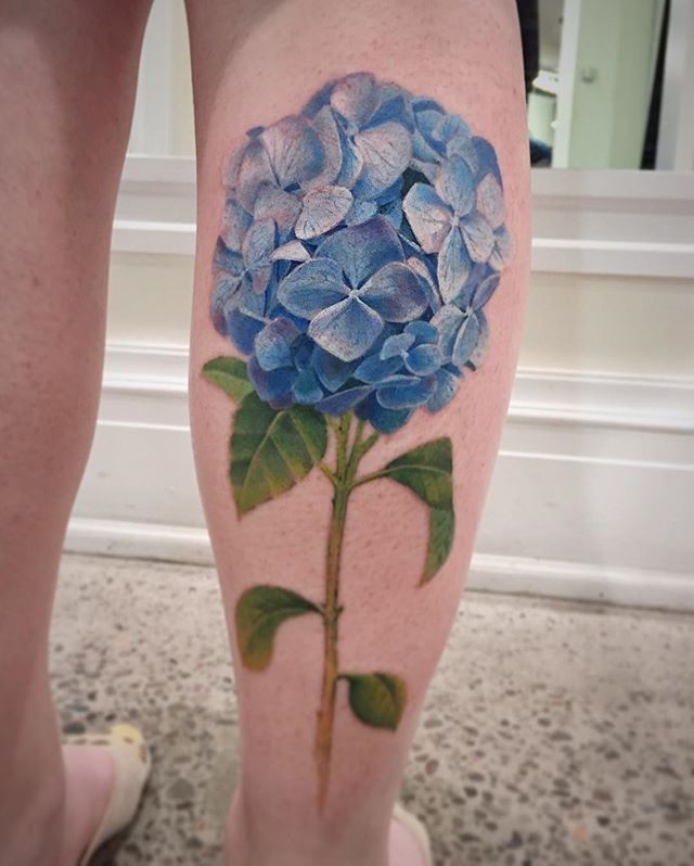 Realistic Blue Hydrangea Calf Tattoo Tattoo Design