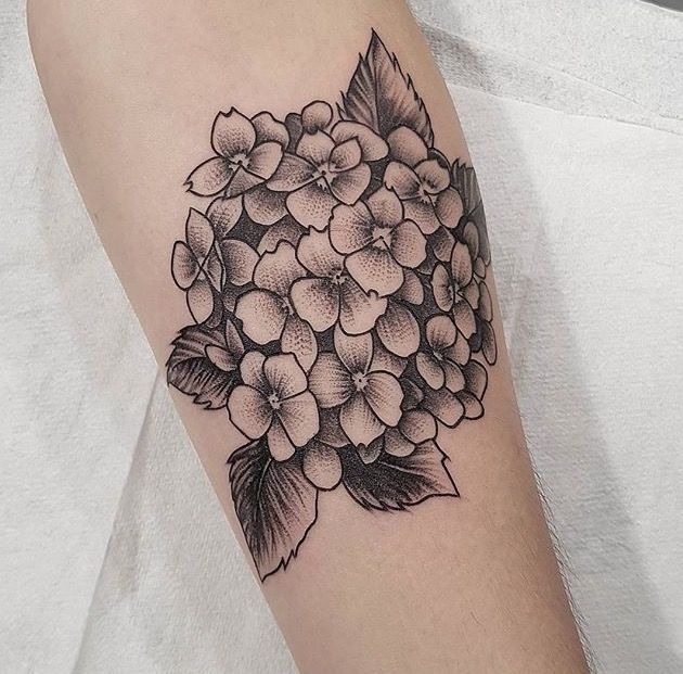 Tall Blue Hydrangea Stem on the Thigh Tattoo Design