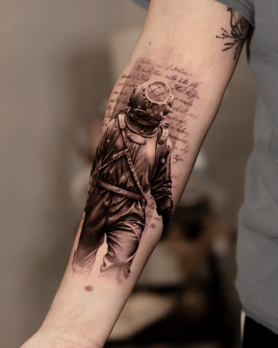 Stunning Diver Tattoo with Lyrical Background Tattoo Design