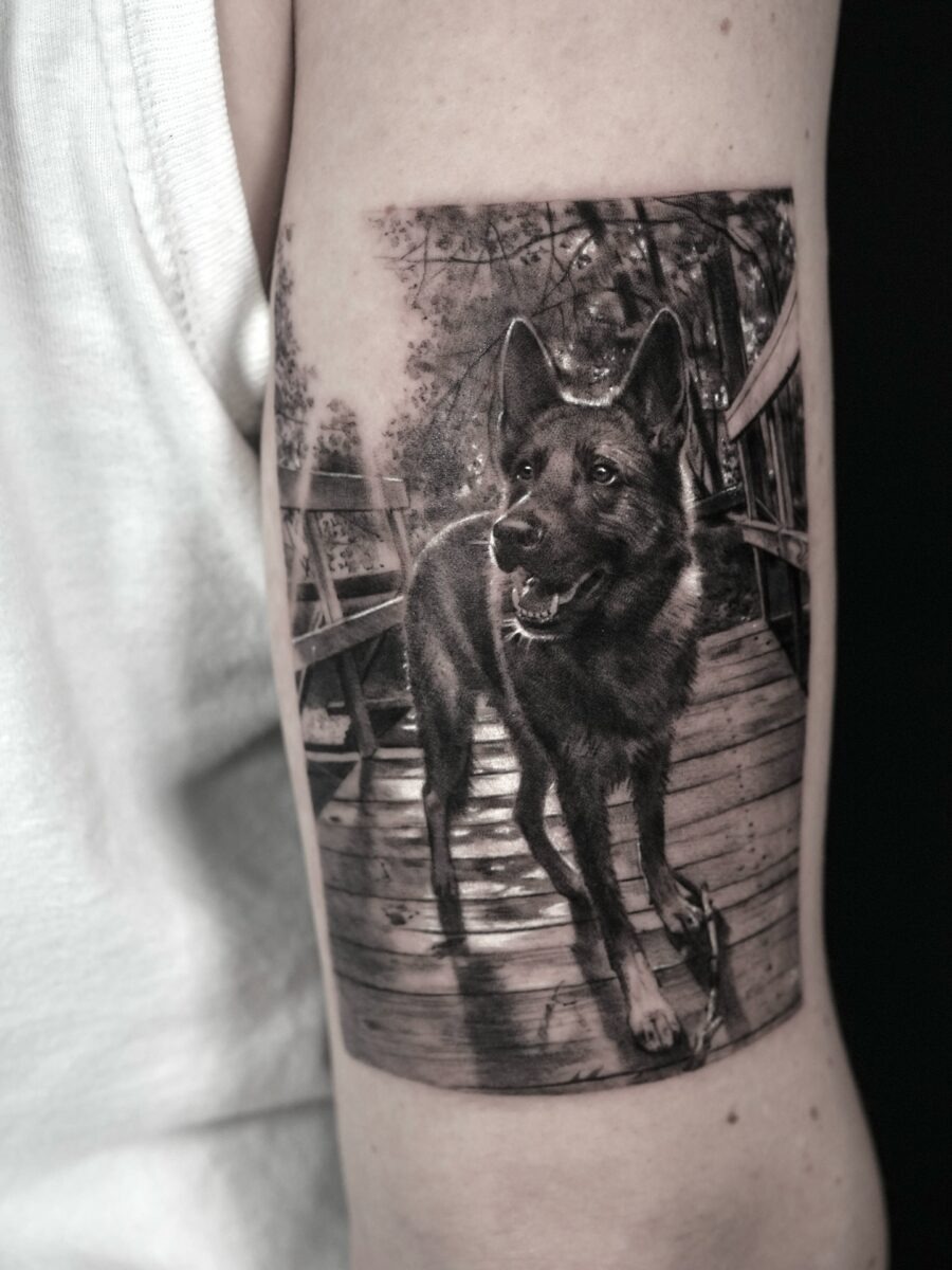 Stunning hyper-realistic canine tattoo mastery Tattoo Design
