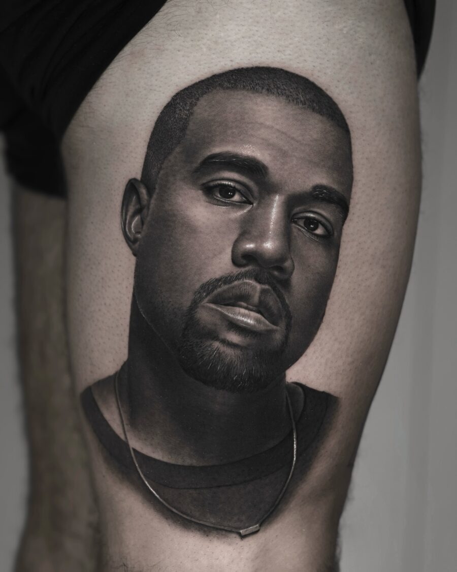 Stunning hyper-realistic portrait of Kanye West Tattoo Design
