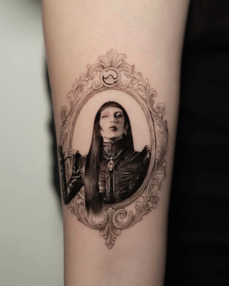 Stunning woman captured in ornate tattoo frame Tattoo Design